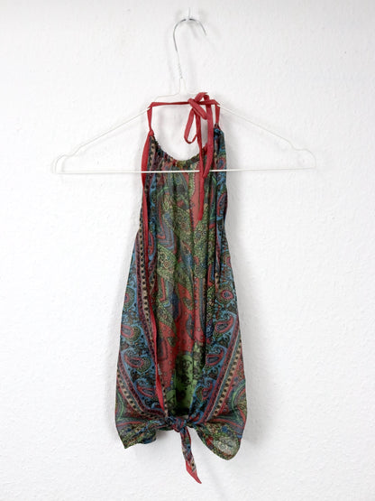 Vintage 80er 90er SAONA Seidentop rückenfrei Neckholder gemustert bunt Seide Handmade in Indonesia S/M