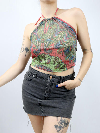 Vintage 80er 90er SAONA Seidentop rückenfrei Neckholder gemustert bunt Seide Handmade in Indonesia S/M