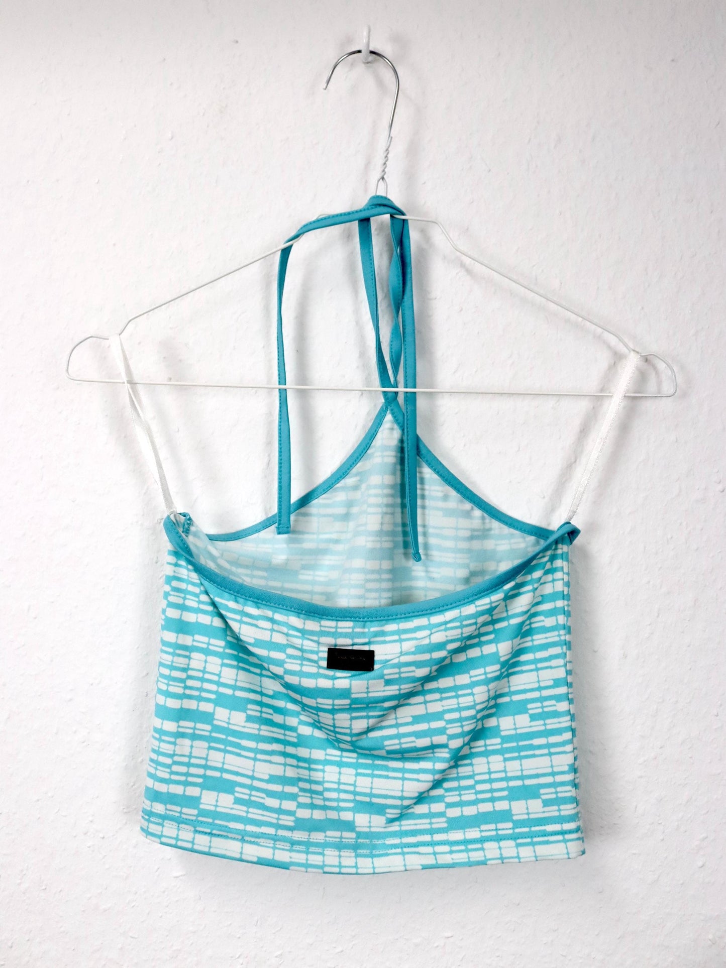 Vintage 80s 90s PEPE JEANS London halter neck top cropped crazy pattern white blue S 36
