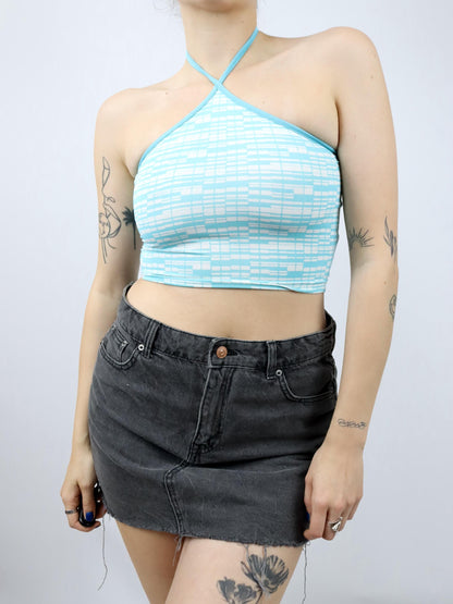 Vintage 80s 90s PEPE JEANS London halter neck top cropped crazy pattern white blue S 36