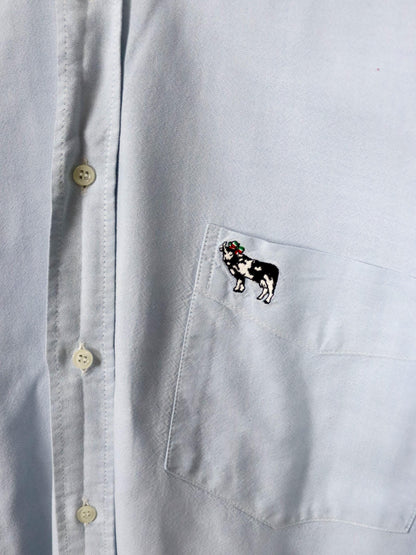 Vintage 80s 90s MOSCHINO designer shirt blouse light blue embroidery M