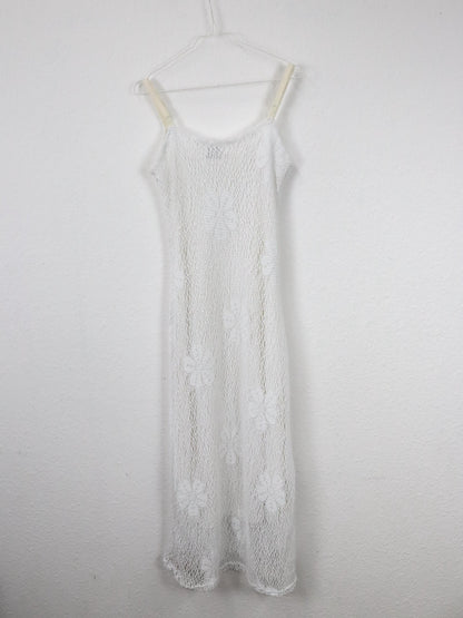 Vintage 80s 90s LUCY PARIS maxi dress white knit pattern flowers viscose 38 M