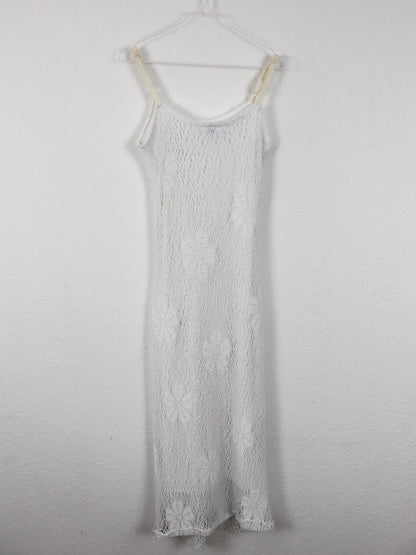 Vintage 80s 90s LUCY PARIS maxi dress white knit pattern flowers viscose 38 M