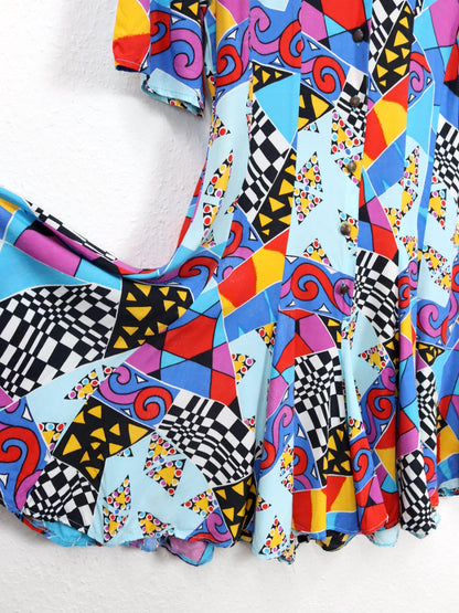 Vintage 80s 90s jumpsuit one-piece short sleeve crazy pattern colorful 40