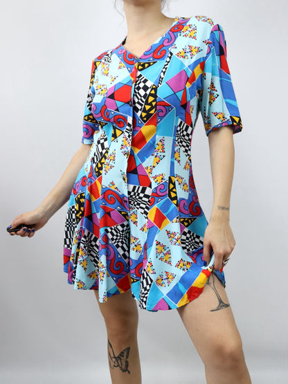 Vintage 80s 90s jumpsuit one-piece short sleeve crazy pattern colorful 40