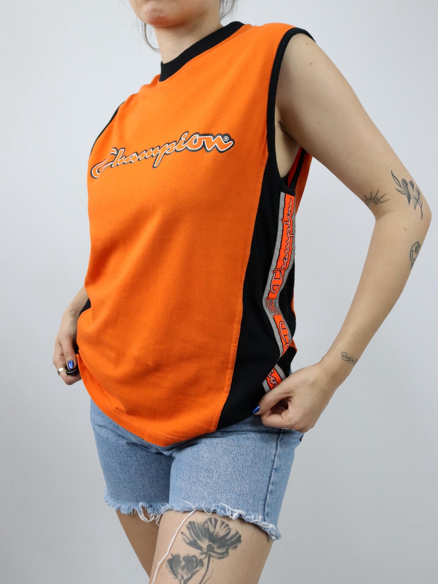 Vintage 80er 90er CHAMPION Tanktop Achselshirt orange schwarz S