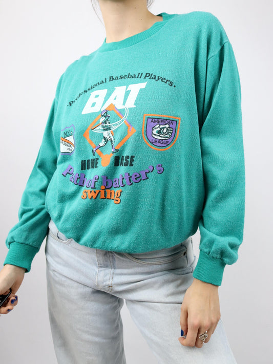 Vintage 80s 90s BAT Sweatshirt Pullover Print Baseball turquoise colorful S