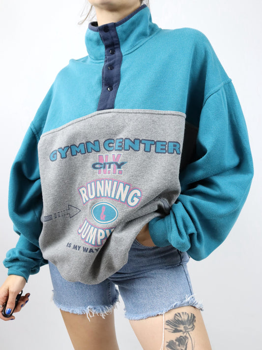 Vintage 80s 90s ROBY sweatshirt pullover print stand-up collar blue grey XXL