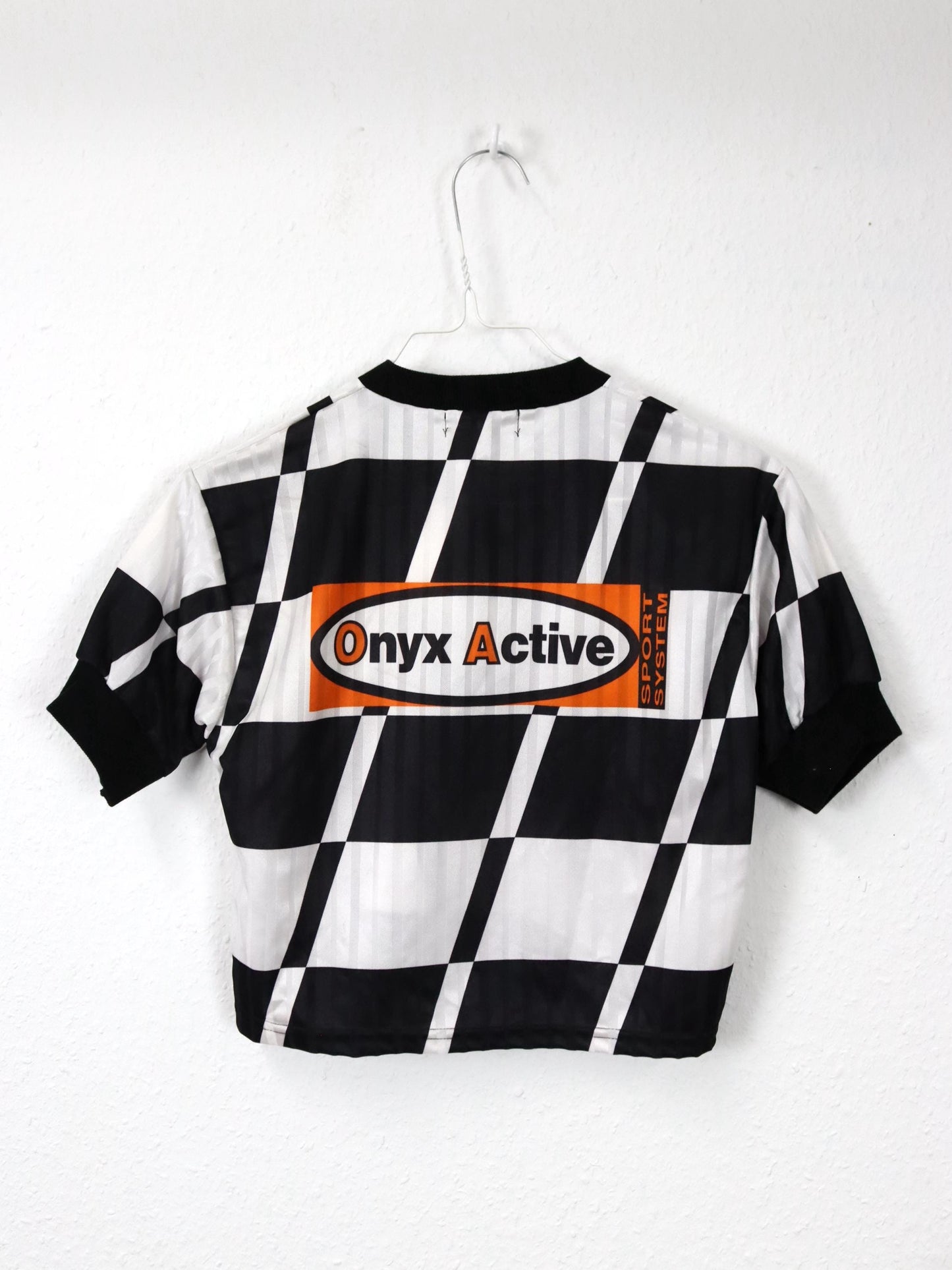 Vintage 80er 90er ONXY Trikot Top bauchfrei kurzarm schwarz weiß Backprint Deadstock S/M