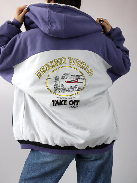 Vintage 80s 90s Rare ADIDAS TAKE OFF Equipment Jacket lightly lined white purple print D7 L