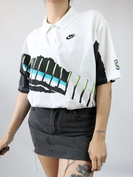 Vintage 80er 90er NIKE Challenge Court Tennisshirt Poloshirt kurzarm crazy pattern weiß L