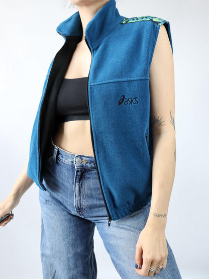 Vintage 80s 90s ASICS fleece vest blue vest zip stand-up collar S