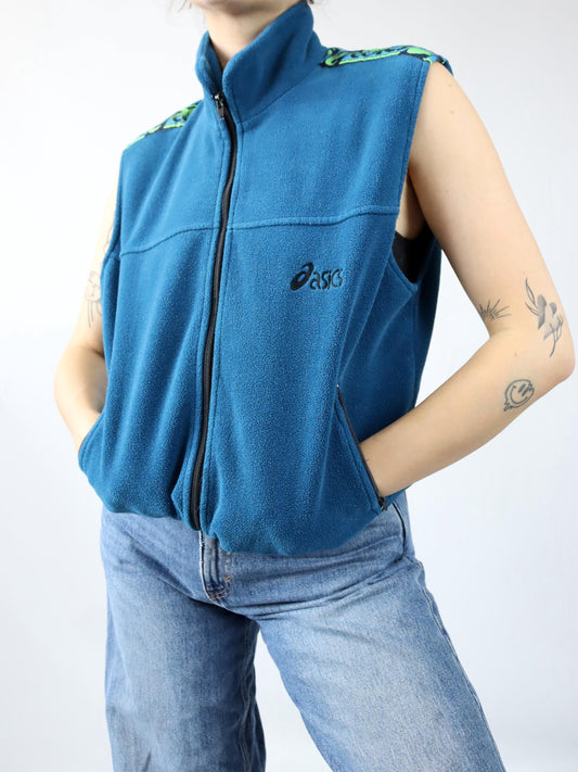 Vintage 80s 90s ASICS fleece vest blue vest zip stand-up collar S