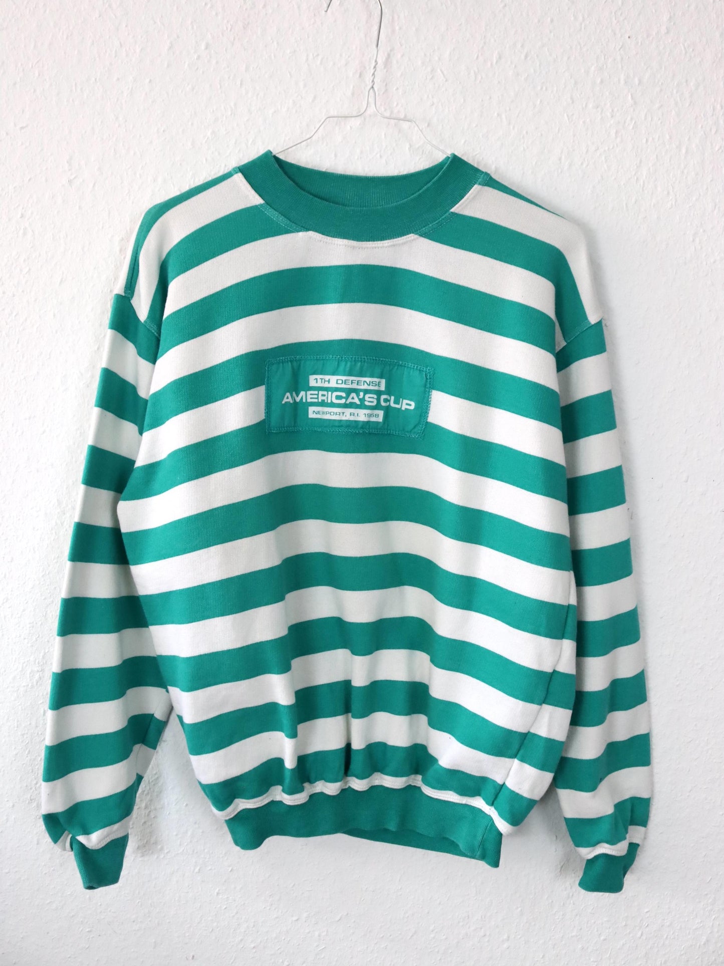 Vintage 80er 90er UNITED COTTON Sweatshirt Pullover gestreift weiß türkis S