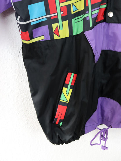 Vintage 80s 90s rain jacket windbreaker crazy pattern black colorful M