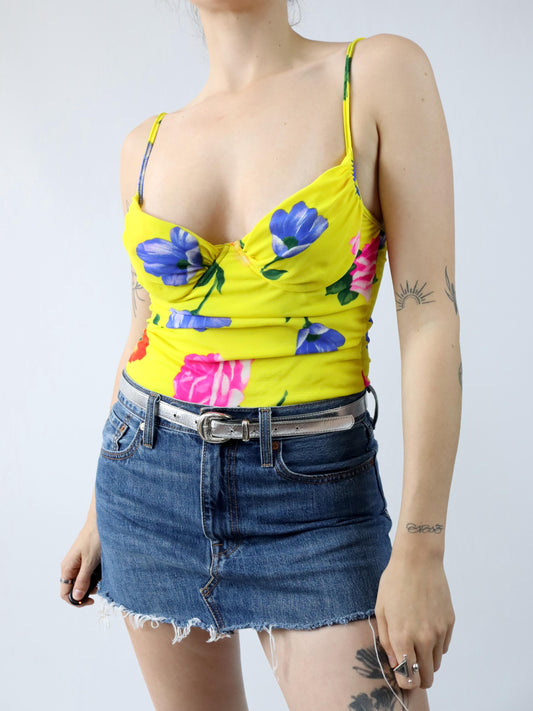 Vintage 80s 90s bodysuit one-piece bustier floral pattern yellow colorful 38