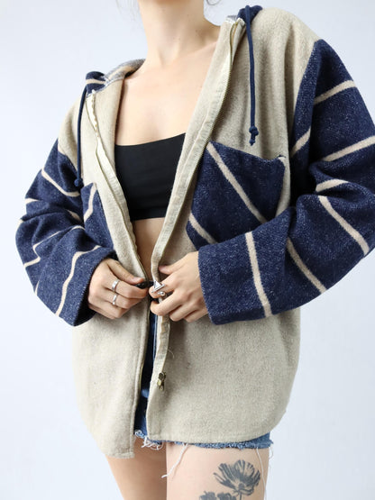 Vintage 80s 90s SHIRT MOCOA wool jacket with hood beige blue wool M
