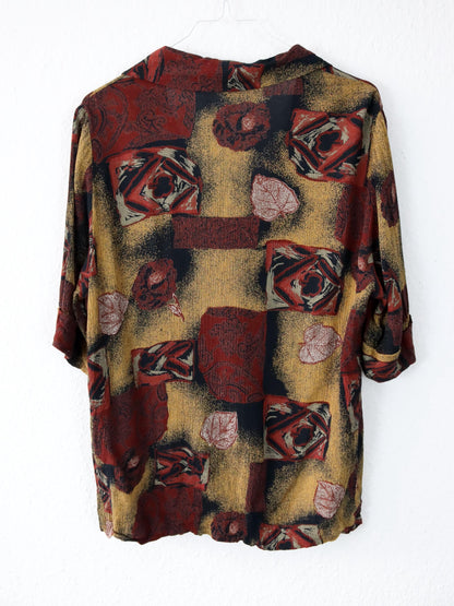 Vintage 80s 90s blouse short sleeve crazy pattern dark red beige M
