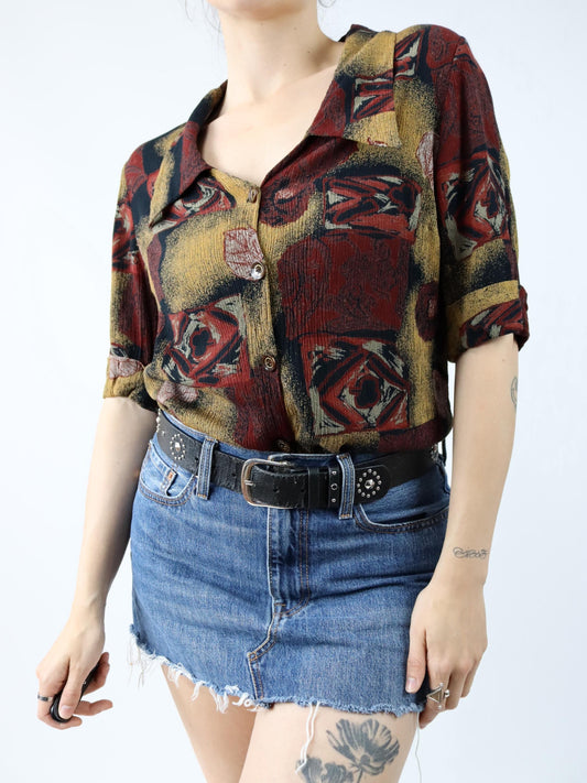 Vintage 80s 90s blouse short sleeve crazy pattern dark red beige M