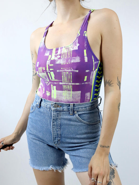 Vintage 80s 90s ARENA bodysuit swimsuit crazy pattern colorful 38