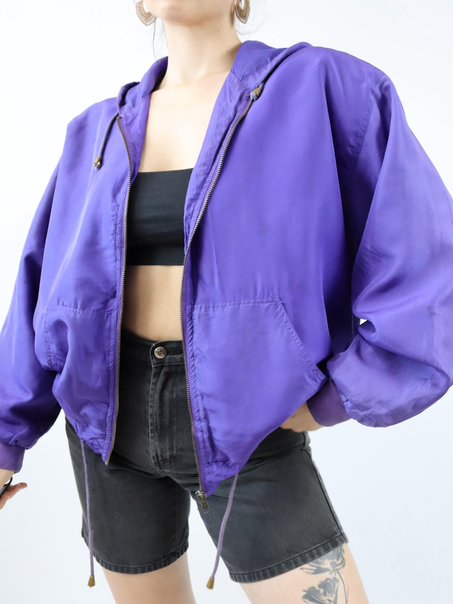 Vintage 80s 90s OTELLO PELLE silk jacket jacket silk purple hood M