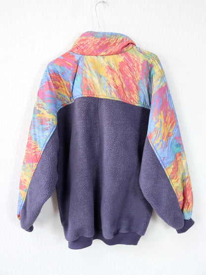 Vintage 80er 90er Fleecepullover Stehkragen crazy pattern bunt Lila M/L