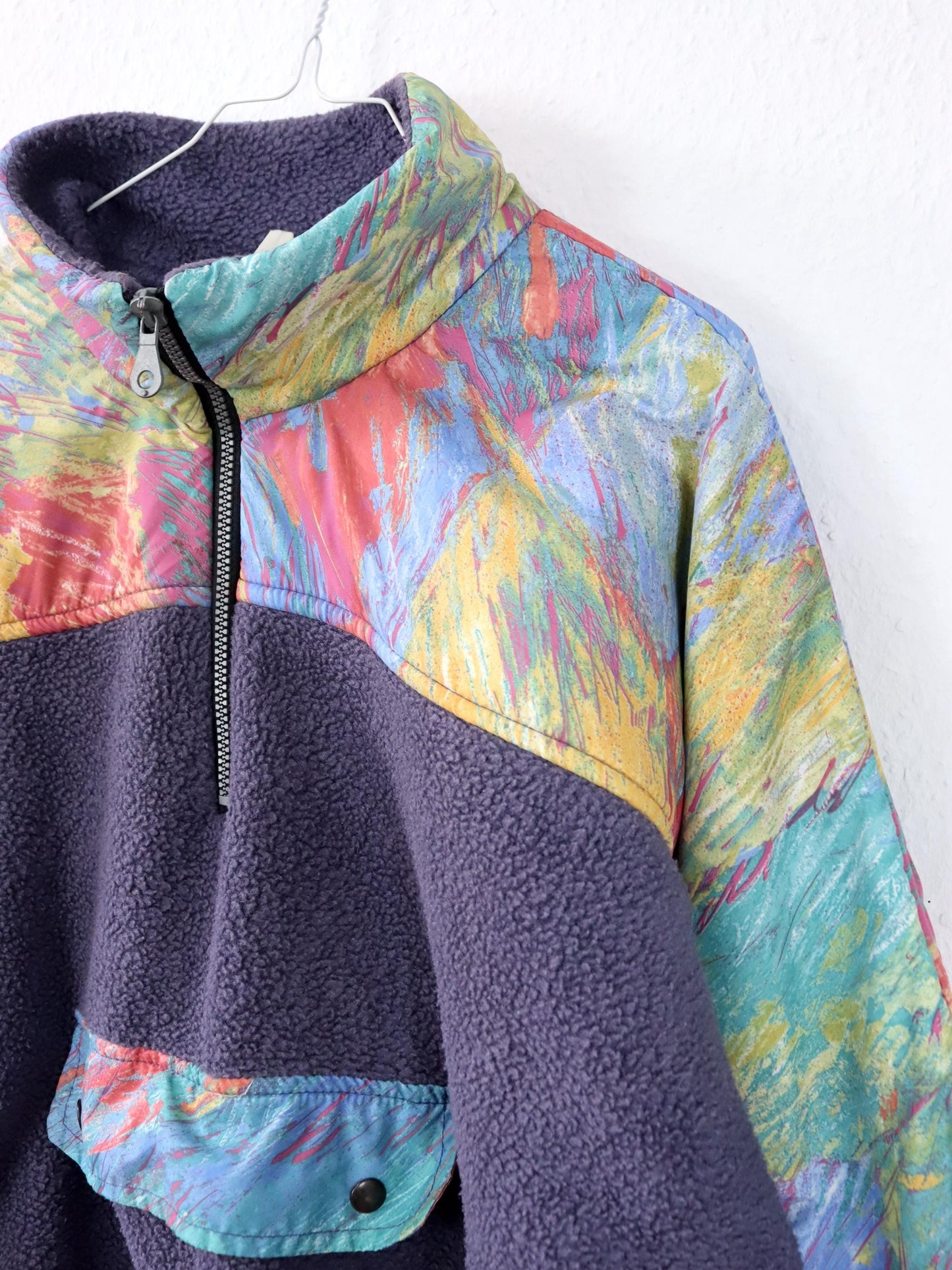 Vintage 80er 90er Fleecepullover Stehkragen crazy pattern bunt Lila M/L