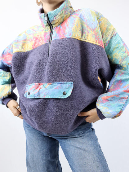 Vintage 80er 90er Fleecepullover Stehkragen crazy pattern bunt Lila M/L