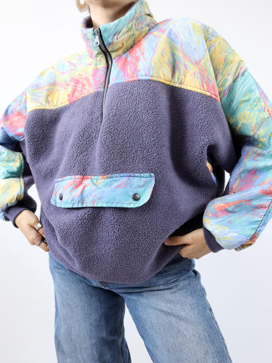 Vintage 80er 90er Fleecepullover Stehkragen crazy pattern bunt Lila M/L
