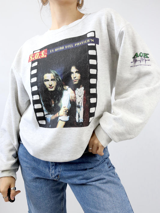 Vintage 80er 90er JERZEES 562 Rare Sweatshirt Pullover grau S.O.S. Band Merch M