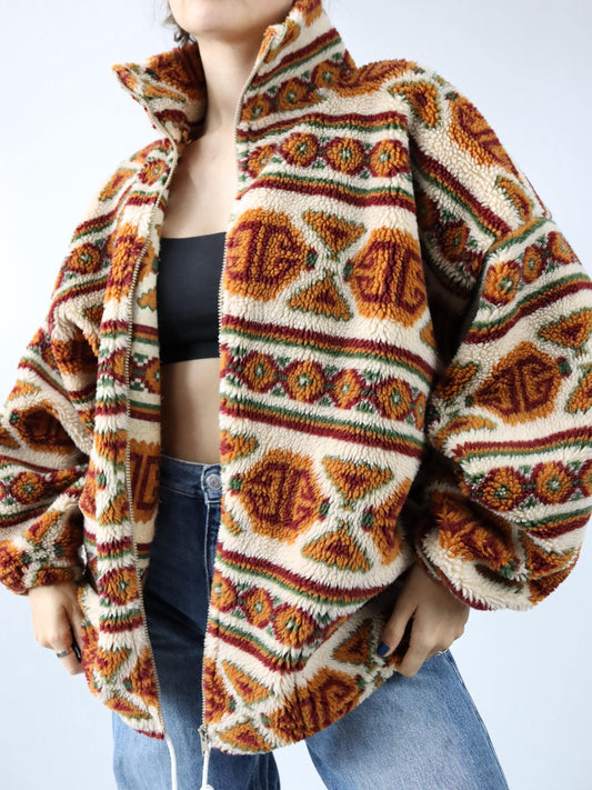 Vintage 80s 90s ARTFASHION fleece jacket teddy fleece stand-up collar Aztec pattern L