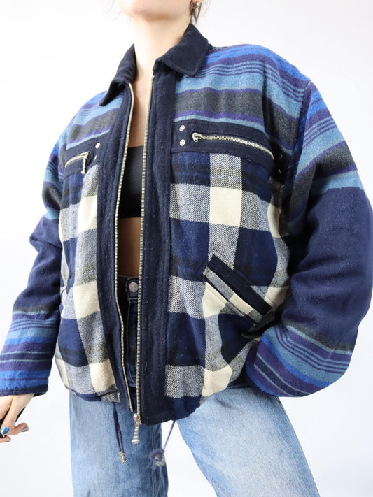 Vintage 80s 90s MOXIE Casuals wool jacket lined checked blue L