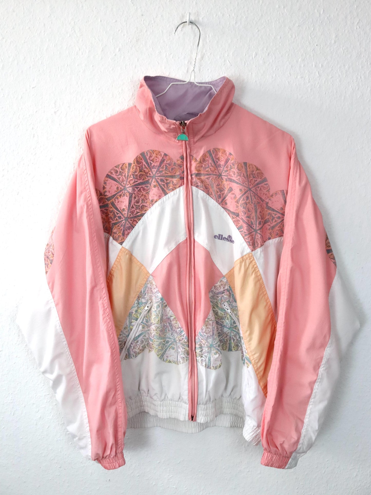 Vintage 80s 90s ELLESSE tracksuit jacket stand-up collar crazy pattern pastel pink 38