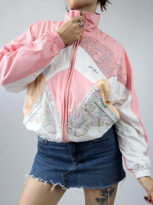 Vintage 80s 90s ELLESSE tracksuit jacket stand-up collar crazy pattern pastel pink 38