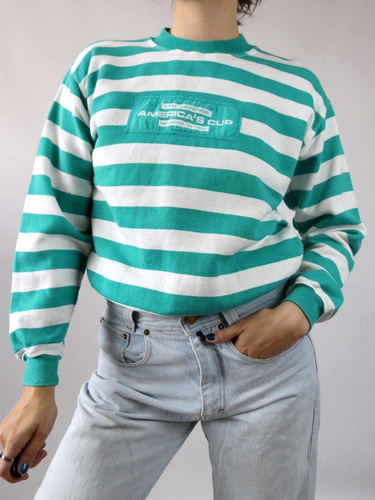 Vintage 80er 90er UNITED COTTON Sweatshirt Pullover gestreift weiß türkis S