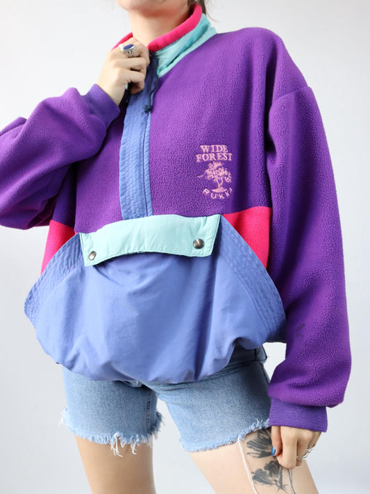 Vintage 80er 90er RUKKA Fleecepullover Pullover Stehkragen Lila pink blau XL