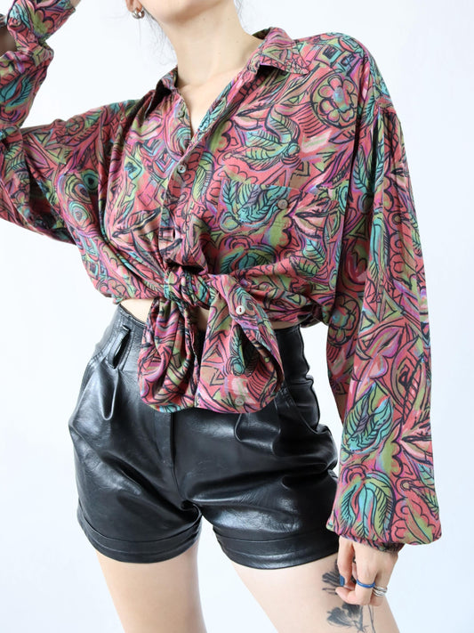 Vintage 80s 90s CAVORI shirt long sleeve crazy pattern viscose L