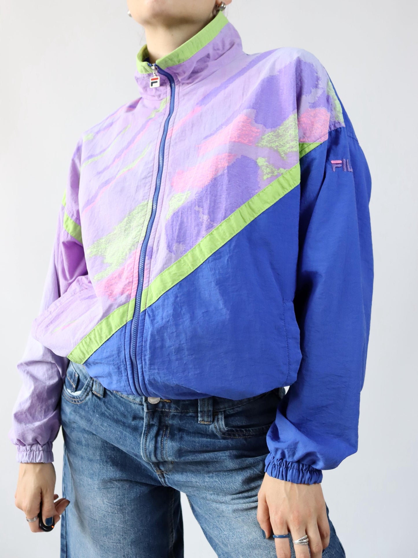Vintage 80s 90s FILA tracksuit jacket stand-up collar crazy pattern colorful blue lilac 48 M