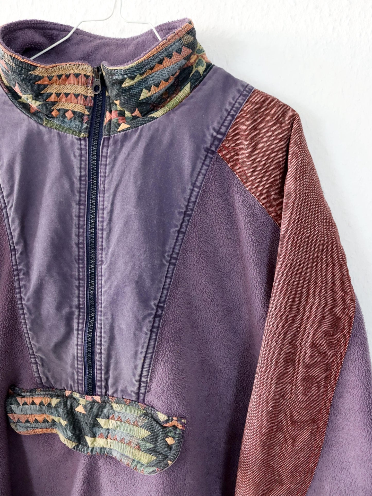 Vintage 80er 90er SALEWA Fleecepullover Stehkragen lila Muster XL