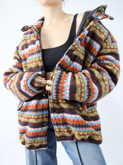 Vintage 80s 90s INVICTA fleece jacket lightly lined crazy pattern colorful stand-up collar XL