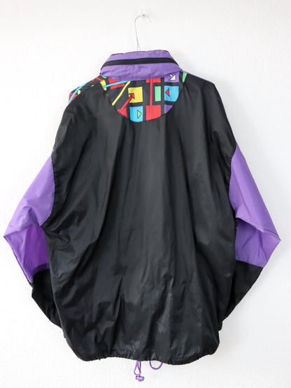 Vintage 80s 90s rain jacket windbreaker crazy pattern black colorful M