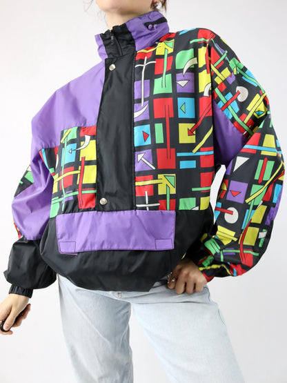 Vintage 80s 90s rain jacket windbreaker crazy pattern black colorful M