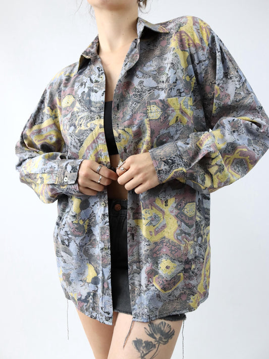Vintage 80s 90s EURO VISCOSE shirt long sleeve crazy pattern M