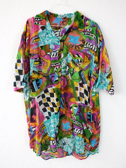 Vintage 80s 90s TONYS FASHION blouse short sleeve crazy pattern colorful L