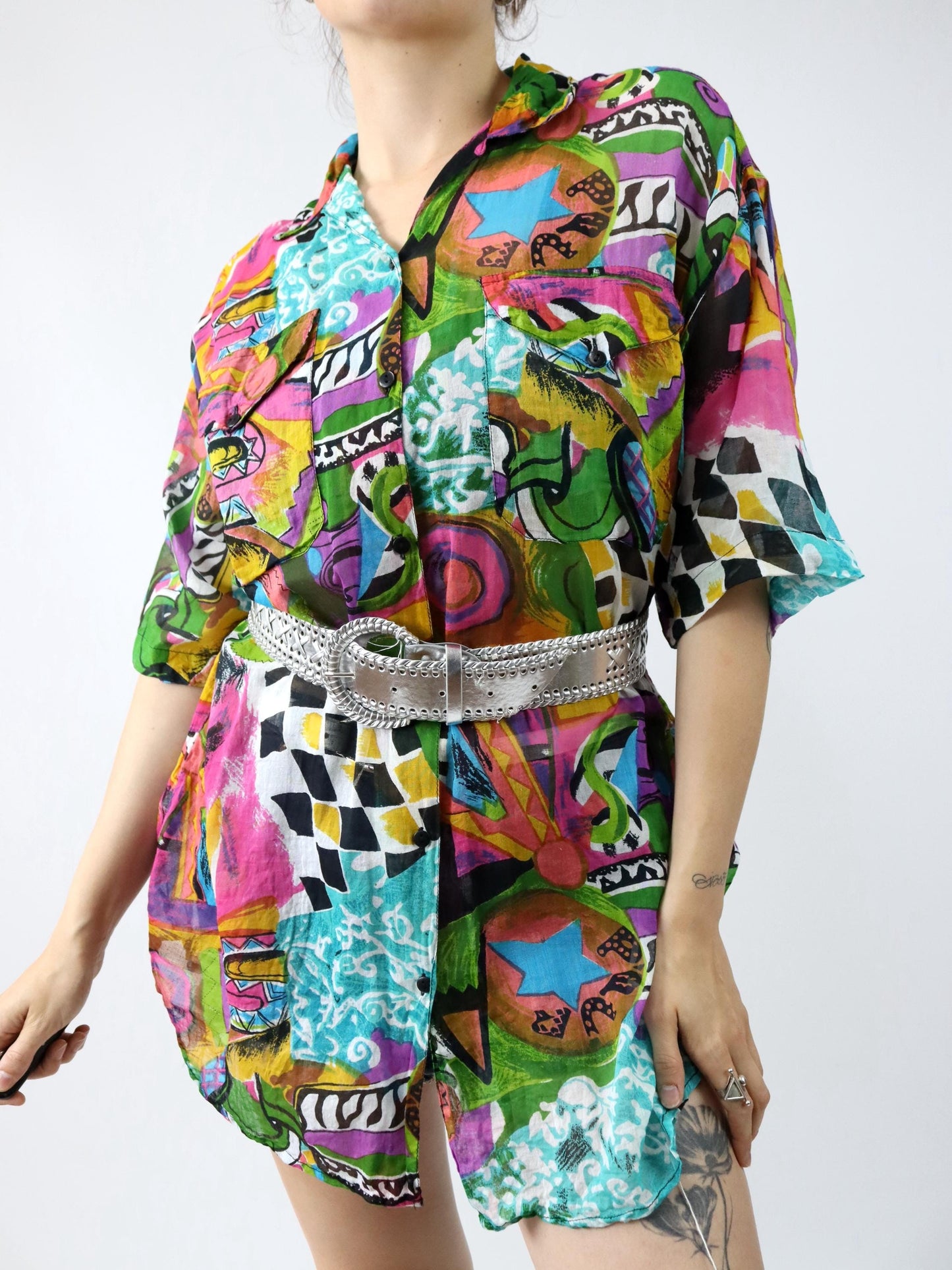 Vintage 80s 90s TONYS FASHION blouse short sleeve crazy pattern colorful L