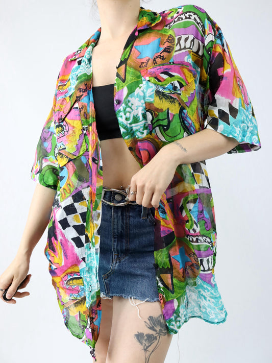 Vintage 80s 90s TONYS FASHION blouse short sleeve crazy pattern colorful L