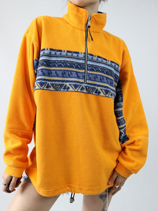 Vintage 80s 90s SALEWA Polarlite fleece pullover stand-up collar orange blue XL