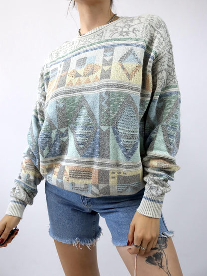 Vintage 80er 90er BORGO FORTE Pullover gemustert pastell 50 L