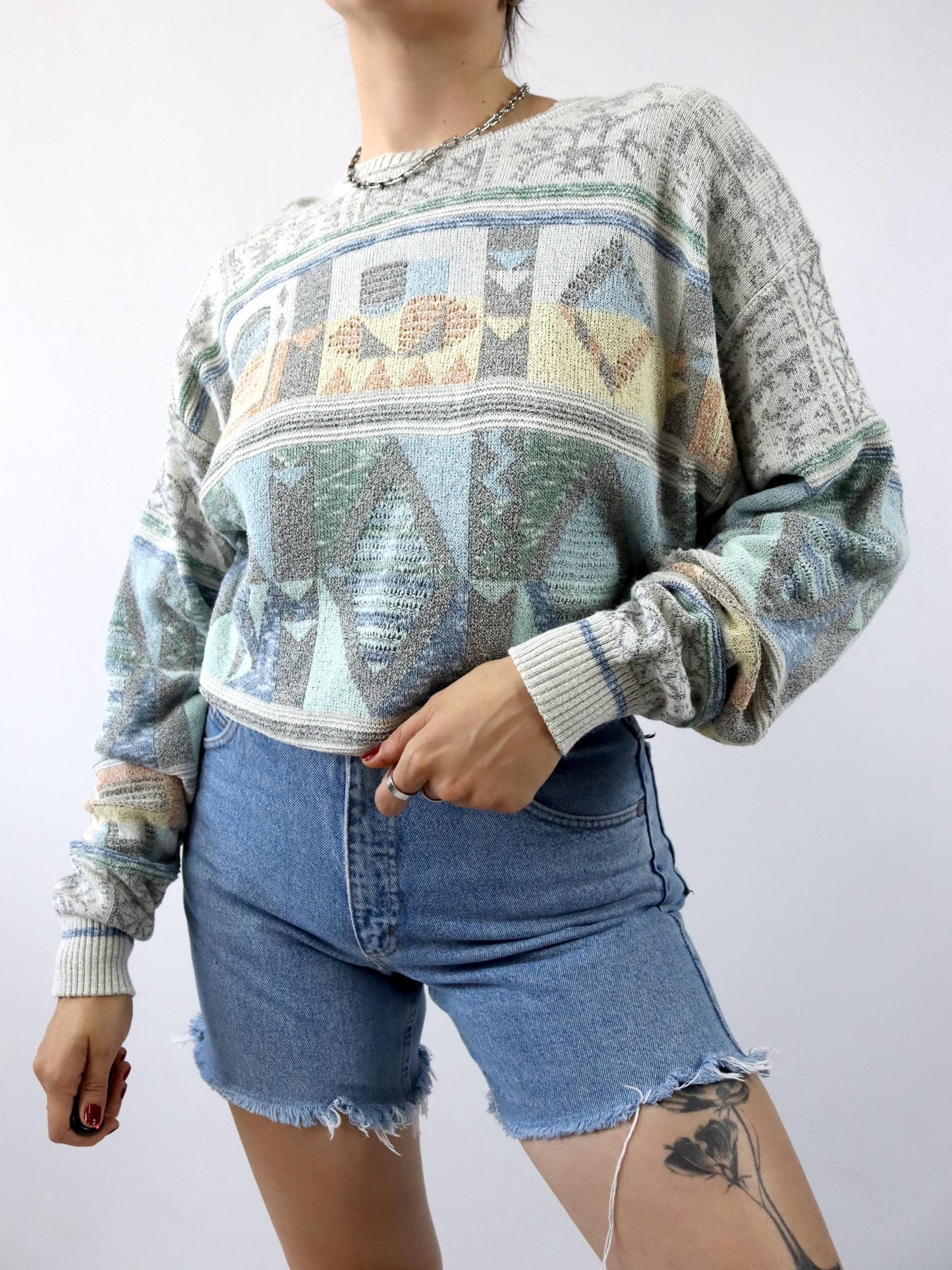 Vintage 80er 90er BORGO FORTE Pullover gemustert pastell 50 L