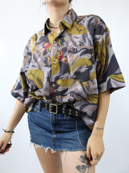 Vintage 80s 90s THAI SILK shirt short sleeve crazy pattern XL
